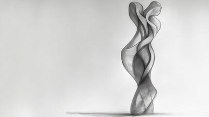 Abstract pencil drawing of an abstract sculpture, a tall and slender figure made from intertwined lines that form the shape of two people embracing each other in profile view
