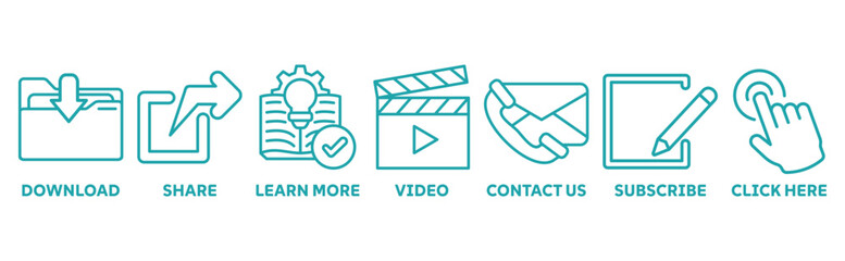 Call to action icon set illustration concept with icon of download, share, learn more, watch our video, contact us, subscribe, and click here 