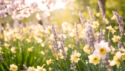 Obraz premium A dreamy soft-focus garden in full bloom filled with delicate pastel-colored flowers bathed in warm sunlight
