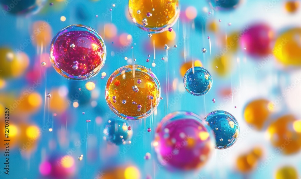 Poster colorful floating spheres with reflections and soft light on a blue background, creating a dreamy an