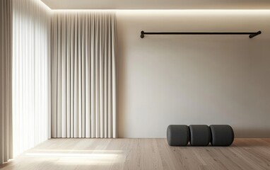 Minimalist home gym with a wall-mounted pull-up bar, neutral tones and soft lighting, perfect setup for strength training and indoor workouts