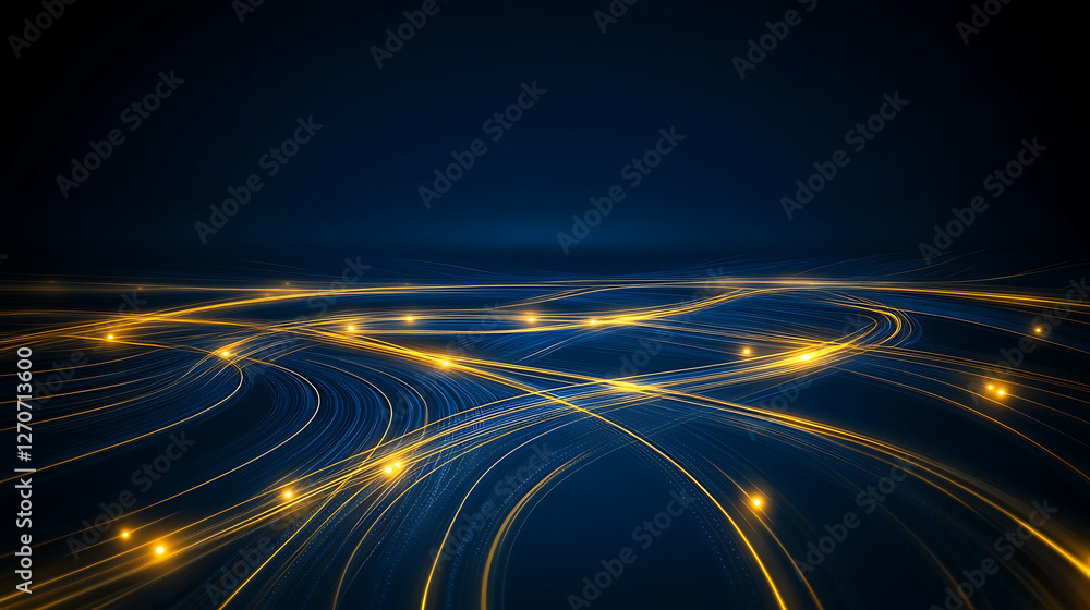 Poster golden light streams on a blue surface with flowing data network connection pathways
