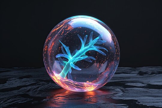 Bioluminescent Orb on a Black Surface: A Striking Three-Dimensional Illustration
