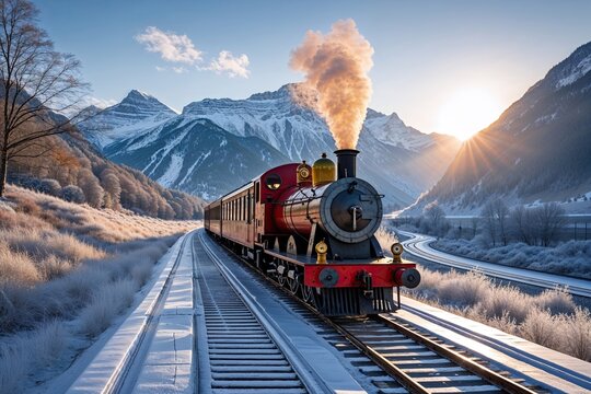 Scenic Railway Journey on a Clear Wintry Afternoon with Sunlit Mountains and Ice-Etched Pathways