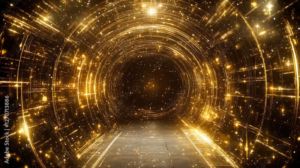 Poster golden luminous circular tunnel of light sparkling abstract futuristic art glow effect background 3d