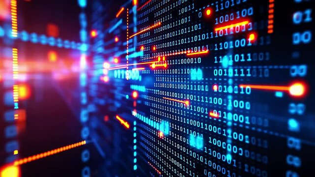 Abstract representation of digital data flow with binary code and glowing elements in a dark background