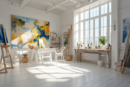 Bright and Inviting White Art Studio with Sunlight and Intricate Shadows for Creative Expression