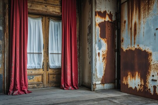 A Weathered Theater Curtain and Rusty Wall: Capturing the Allure of Faded Memories and Textures