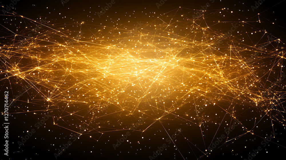 Poster golden network connecting nodes for data transfer and visualization with bright glowing effect