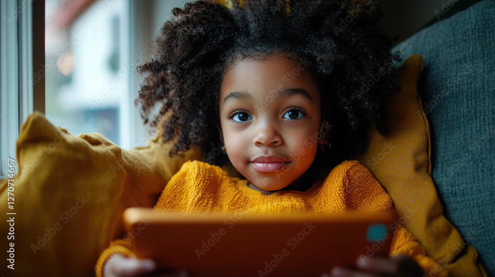 Poster child engaged in interactive learning at home using a tablet in a bright, cozy environment with natu