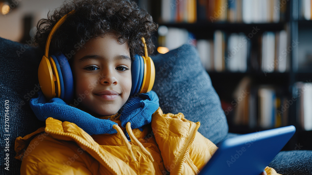 Poster child engages with interactive learning app at home in a cozy and bright environment while wearing h