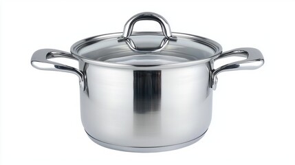 This polished stainless steel pot stands out against a white background, reflecting its sleek design and craftsmanship. Perfect for cooking various dishes, it promises durability and style