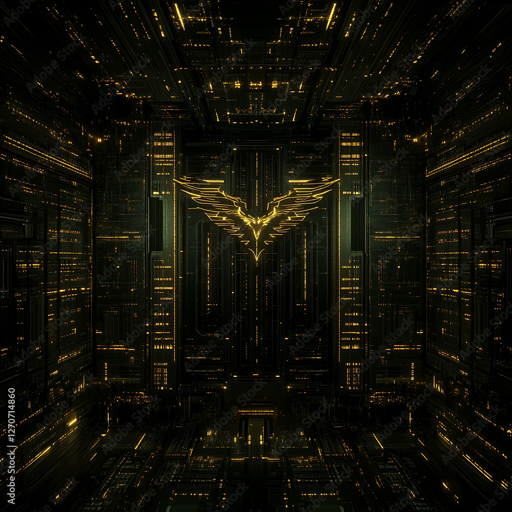 Poster golden phoenix emblem illuminated in futuristic grid structure for advanced technology concepts
