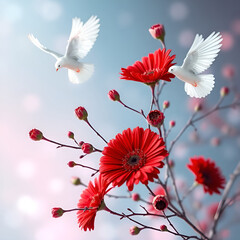 red  gerbera  flower and bird 