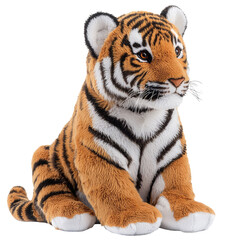 Obraz premium Realistic Soft Toy Tiger Sitting, Detailed Fur and Features, Side View Isolated on Transparent background for Children's Playtime