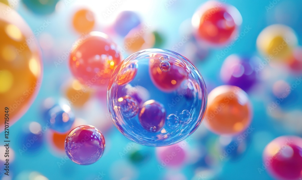 Poster colorful soap bubbles floating in a vibrant blue background, bright light reflections creating a joy