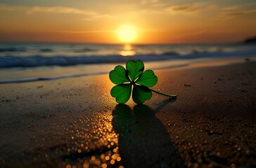 Vibrant one shamrock leaf, bathed in the golden light of a stunning beach sunset, celebrates St. Patrick's Day.