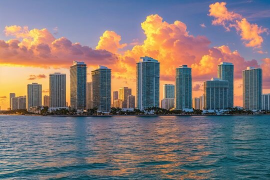 Miami Skyline at Sunrise: A Captivating Cityscape with Enchanting Bay Colors and Shimmering Waters