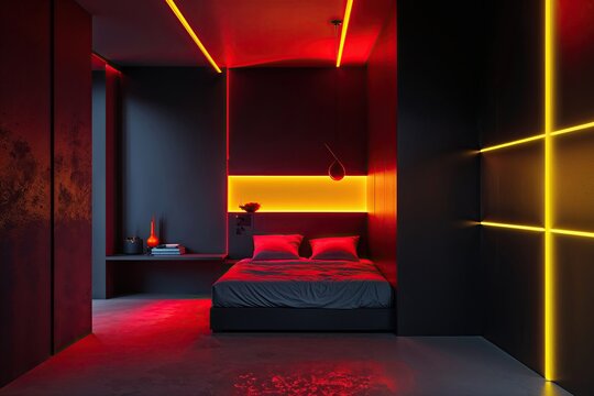 A Minimalistic Dark Chamber with Vibrant Red and Yellow LED Illumination and Modern Design