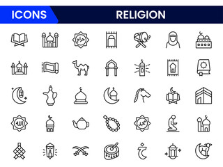 Religion and faith icon set. Religious icon collection in line style. Related to Islma, Christian, Hinduism, Judaism.