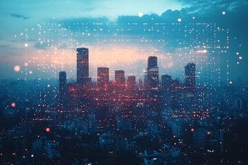 Obraz premium New Delhi city in the future. skyline of skyscrapers and the digital data stream connecting buildings