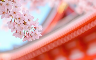Romantic spring scene with cherry blossoms swaying gently, soft bokeh temple background, warm and peaceful pastel tones