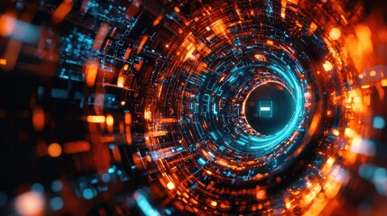 Obraz premium swirling digital tunnel, vibrant orange and blue hues, futuristic technology, data stream energy concept