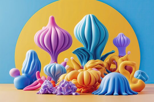 Whimsical Three-Dimensional Organic Forms on a Bright Background