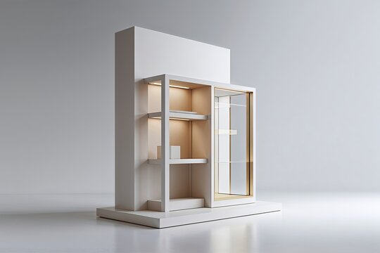 A 3D Display Stand Showcase in a Minimal Architecture Style on a Sleek White Background