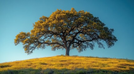 Fototapeta premium Majestic oak on golden hilltop, clear sky