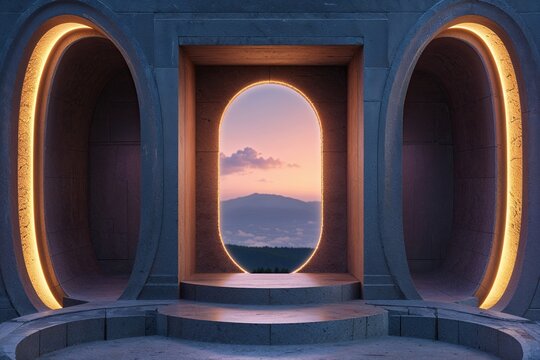A Stunning 3D Artwork of an Open Alcove with a Glowing Viewport and Granite Barriers in Oval Shape