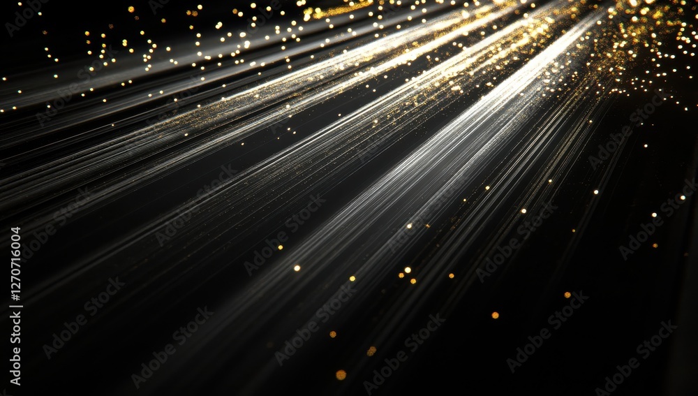Poster dynamic light rays with gold particles against a dark background for use in various creative project