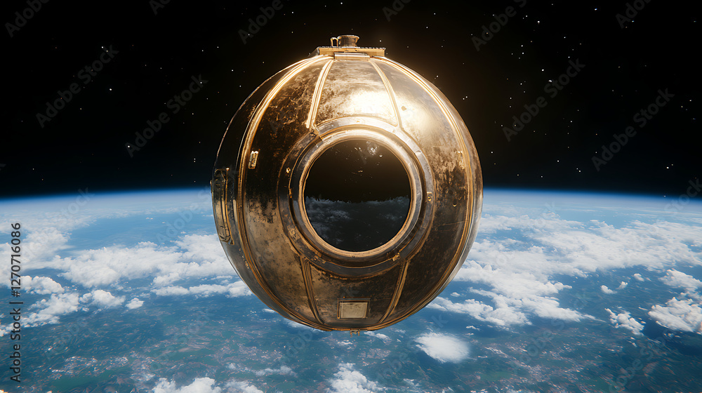 Poster golden spherical spacecraft with window orbiting planet earth and surrounded by starry nebula