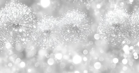 Elegant and Dreamy Dandelion Seeds Floating in a Soft Silver Background with Shimmering Bokeh Effect for Nature and Celebration Themes