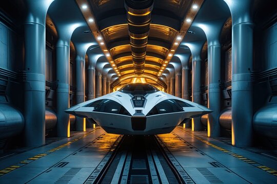 Futuristic Vessel in Subterranean Tunnelway with Sleek Columns and Ambient Glow