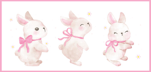 Cute Coquette White Bunny with Pink Ribbon Bow watercolor animal Hand Drawn set