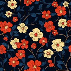Seamless floral pattern featuring elegant red and yellow flowers blooming gracefully on a dark blue background, creating a captivating design