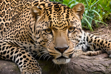 Obraz premium Majestic leopard resting in lush greenery showcasing its striking coat and intense gaze