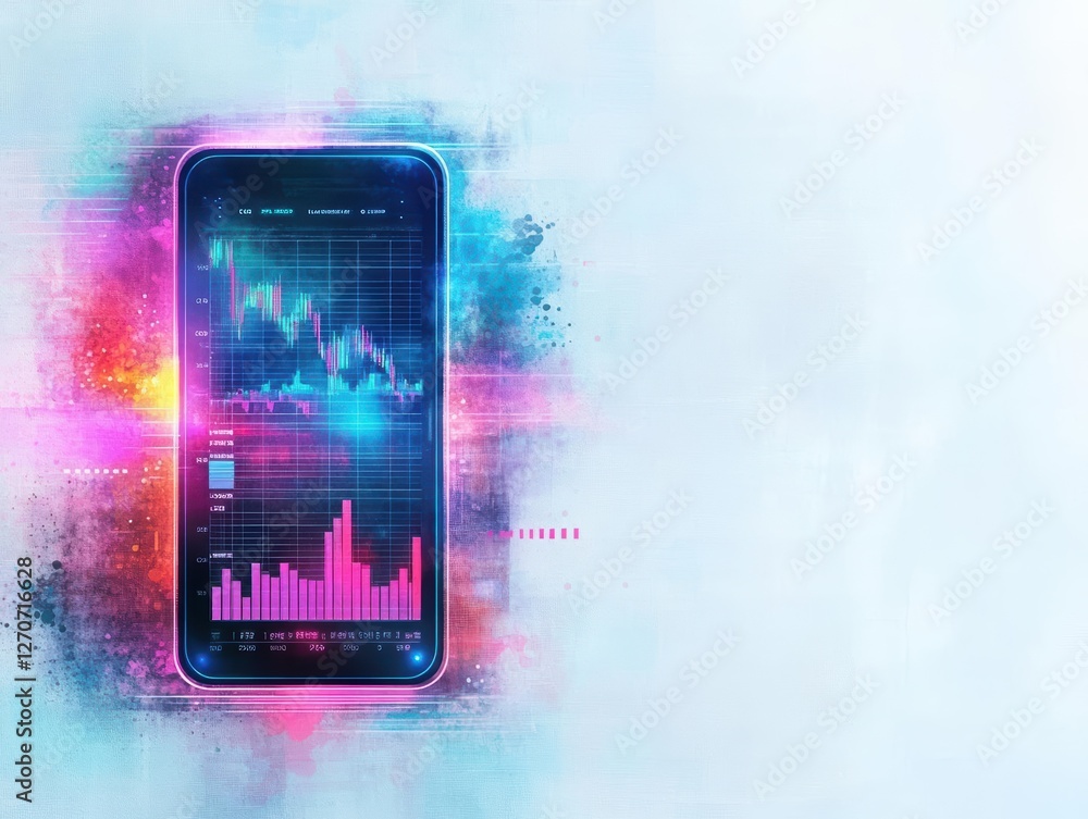 Aufkleber vibrant mobile device set against a bright colorful background with dynamic patterns and hues creati