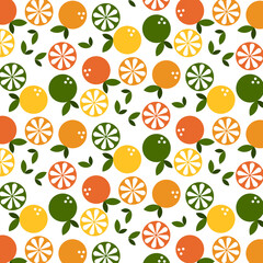 Seamless pattern featuring stylized citrus fruits (oranges, lemons, limes, and grapefruits) with leaves on a clean white background.