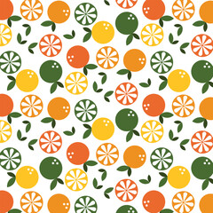 Vector seamless pattern featuring stylized citrus fruits (oranges, lemons, limes, and grapefruits) with leaves on a clean white background. illustration.