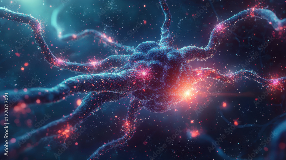 Aufkleber futuristic visualization of a neuron firing quantum signals with glowing entangled photons traveling
