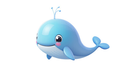 Obraz premium Cute blue cartoon whale with big eyes and a smiling face, isolated on a white background. Concept of marine life, ocean creatures, and adorable mascots. Ai generative