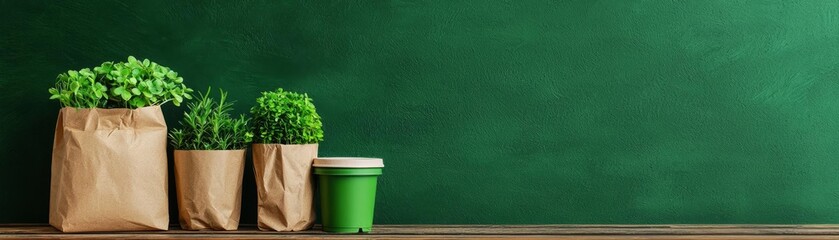Fresh green plants in paper bags placed on a wooden surface against a green background.