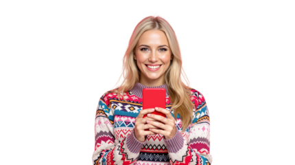 Happy woman wearing a vibrant patterned sweater holding a red smartphone, isolated on a white background. Concept of communication, winter fashion, and technology. Ai generative