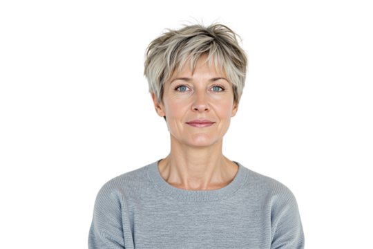 Confident mature woman with short blonde hair and blue eyes wearing a gray sweater, isolated on white background. Concept of beauty and self-assurance. Ai generative