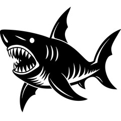 A fierce black and white illustration of a great white shark with sharp teeth