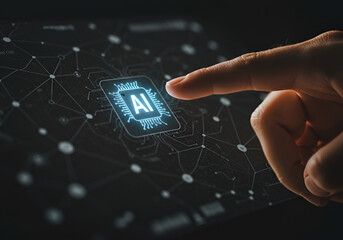 AI agent and generative artificial intelligence. Robotic processes automation and data analysis. Businessman touching head and AI icon on application network system