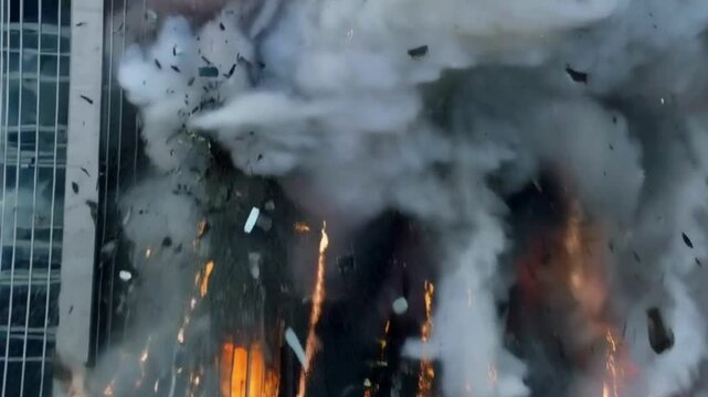 High-rise building explosion with falling debris