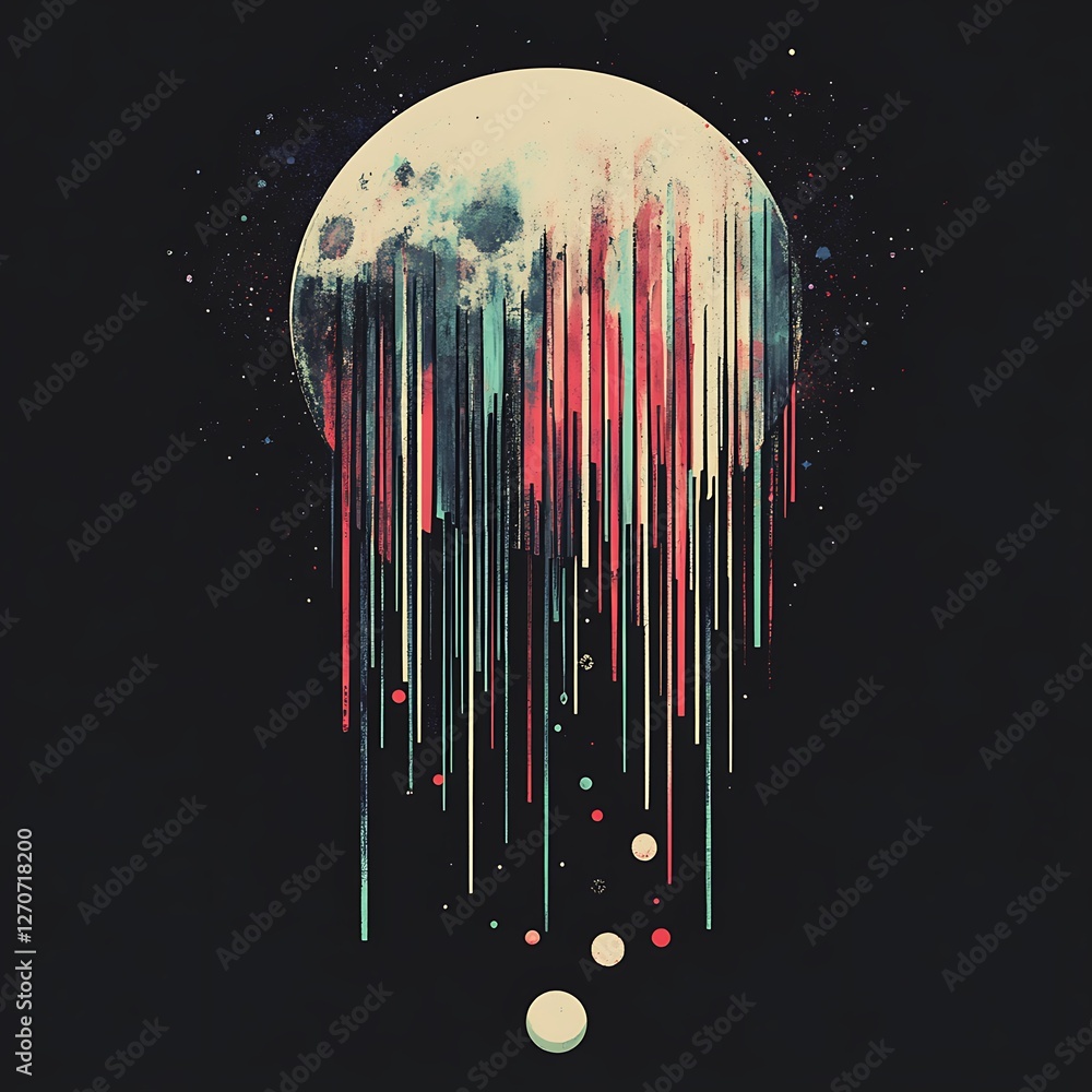 Poster abstract moon with falling color lines